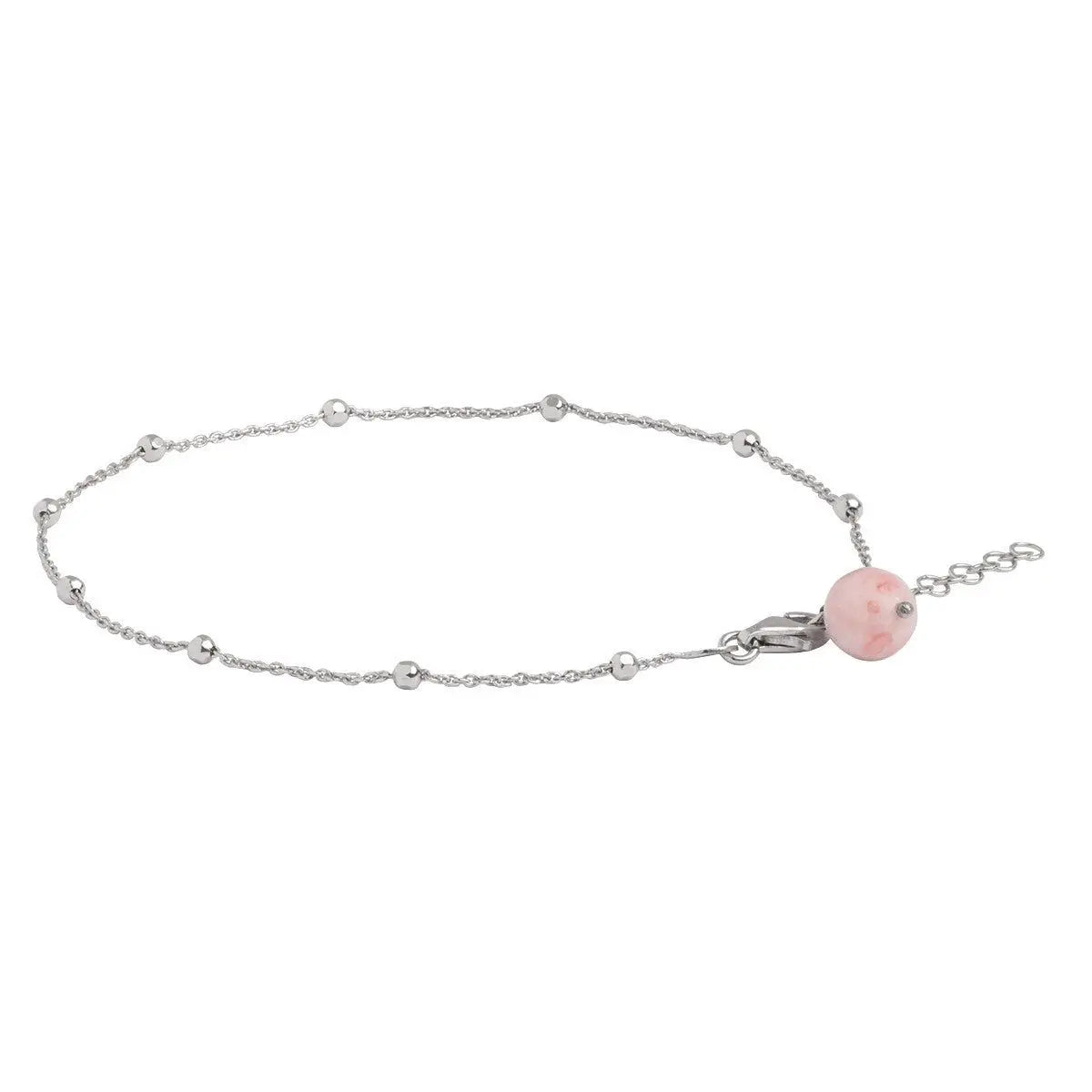 Filigranes Fußkettchen aus rhodiniertem 925er Silber mit facettierten Elementen und einer rosa Achat-Edelsteinkugel am Fußknöchel
