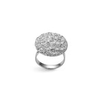Offener, mattierter Designring aus 925er Sterlingsilber mit einem großen, runden Element mit feiner Rosengravur.