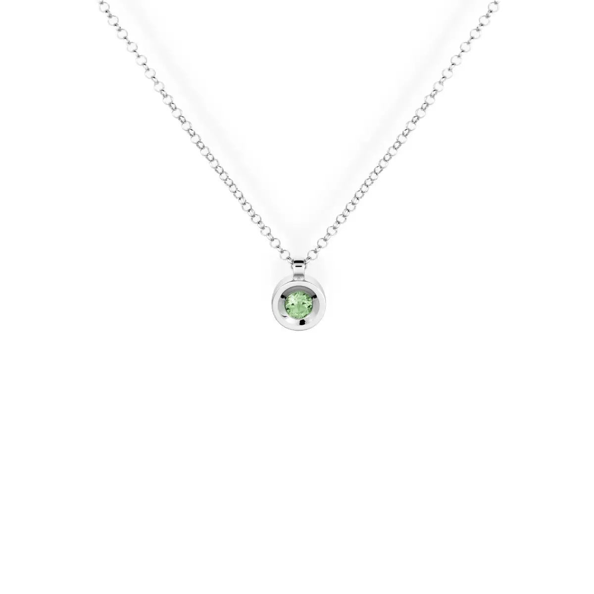 Zarter, runder Anhänger aus rhodiniertem 925er Silber mit einem zentral eingebetteten, olivgrün facettierten natürlichen Peridotstein.