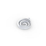 Kleiner, runder Spiralanhänger aus hochglanzpoliertem und rhodiniertem 925er Sterlingsilber vor hellem Hintergrund