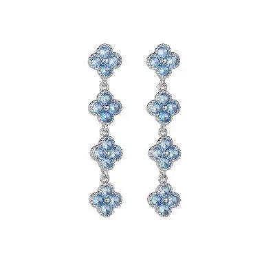 Lange Damen-Tropfenohrringe aus Sterlingsilber mit blauem Kleeblatt-Design aus Zirkonia-Kristallen.