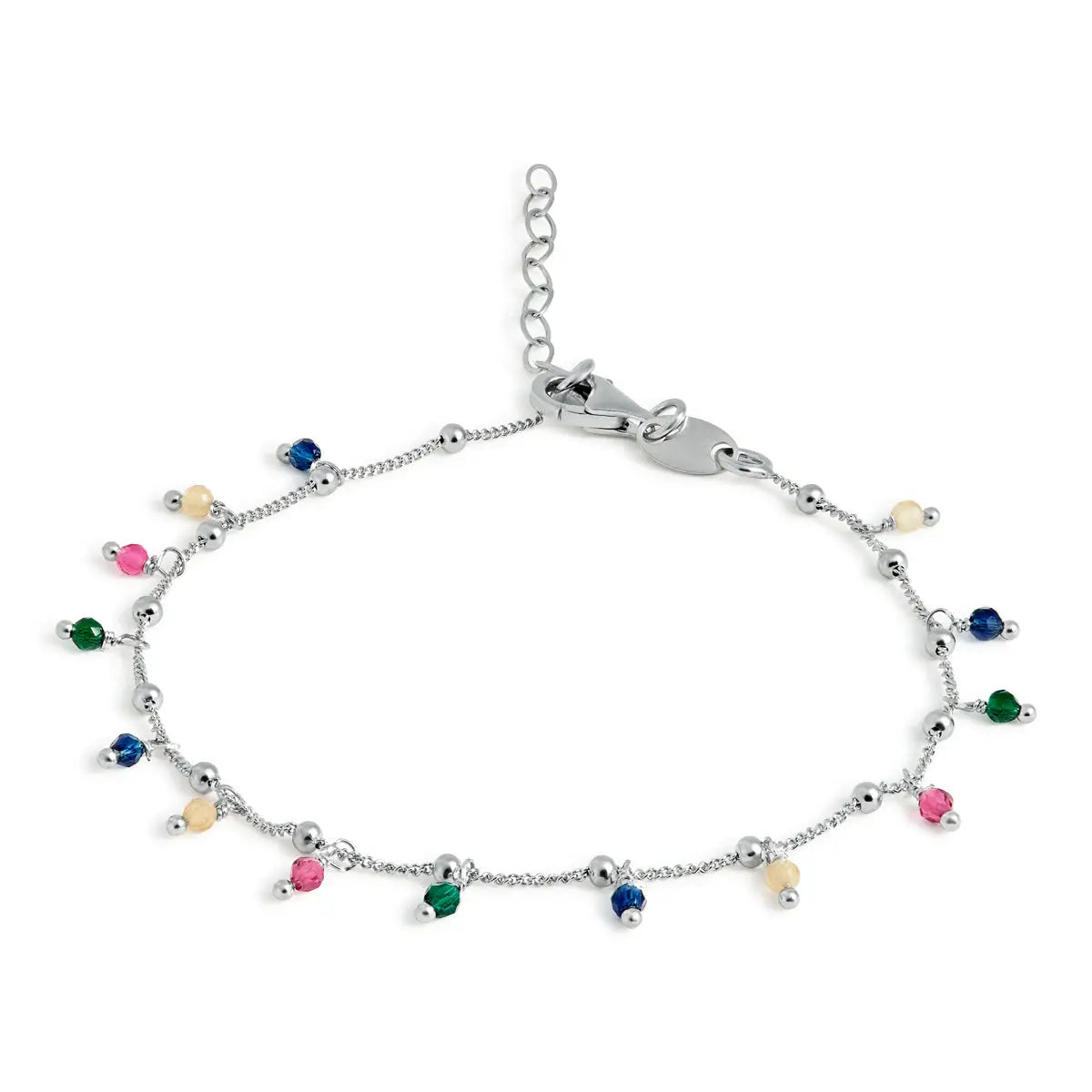 Feines Gliederarmband aus rhodiniertem 925er Silber mit kleinen, frei beweglichen Charms aus bunten Steinen und Perlen