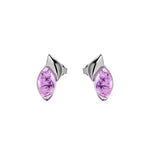 Elegante Silberohrringe aus rhodiniertem 925er Silber mit geschliffenem, violettem Amethyst-Edelstein vor neutralem Hintergrund