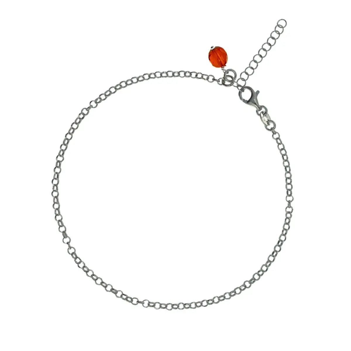 Zarte Silberfußkette aus rhodiniertem 925er Silber mit einer facettierten, intensiv orange funkelnden Swarovski-Kristallkugel am Knöchel