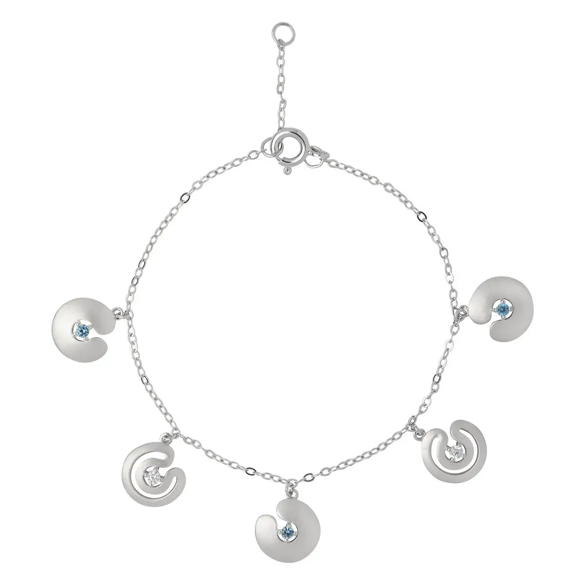 Silbernes Armband aus mattem 925er Sterlingsilber mit fünf runden Labyrinth-Anhängern, besetzt mit blauen und weißen Zirkonias.