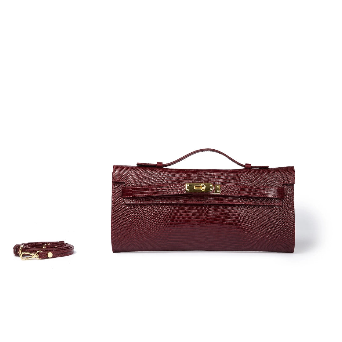 Elegante, längliche Damen-Clutch aus echsengeprägtem, glänzendem Kalbsleder mit einem hellgoldenen Drehverschluss