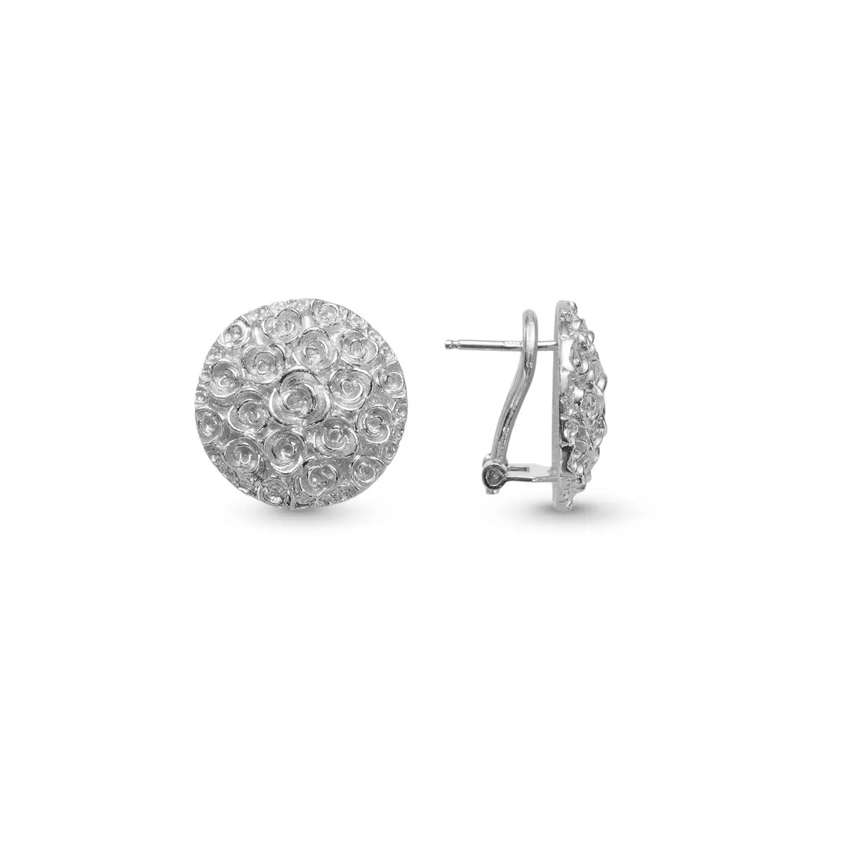 Runde, matte Ohrringe aus 925er Sterlingsilber mit einer feinen Gravur aus winzigen Rosenblüten und einem Omega-Verschluss.