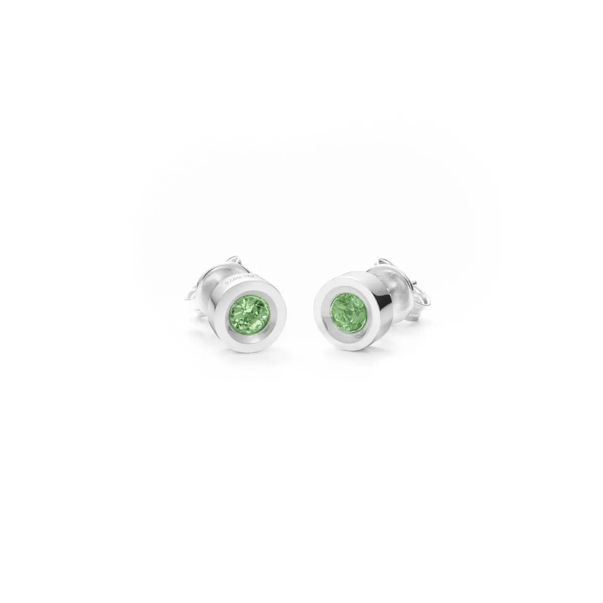 Kleine, edle Silbercreolen aus rhodiniertem 925er Silber mit einem facettierten, hellgrünen Peridot-Edelstein.